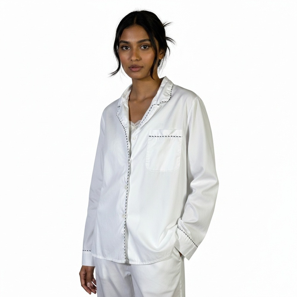 Clairidge & King Womens Classic Pajama Button Up Top Size L Ivory Lounge Sleep
